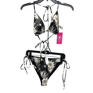 Berry Jane Women's Black Tropical Floral Triangle Bikini Swimsuit Set Size Large